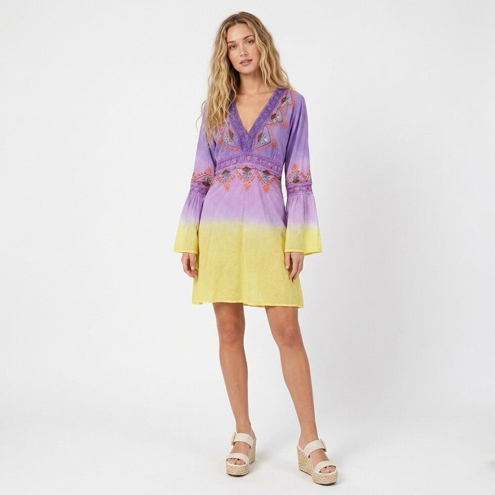 Debbie Katz South Beach Purple Yellow Ombre Boho Embroidered Tunic Dress Large
